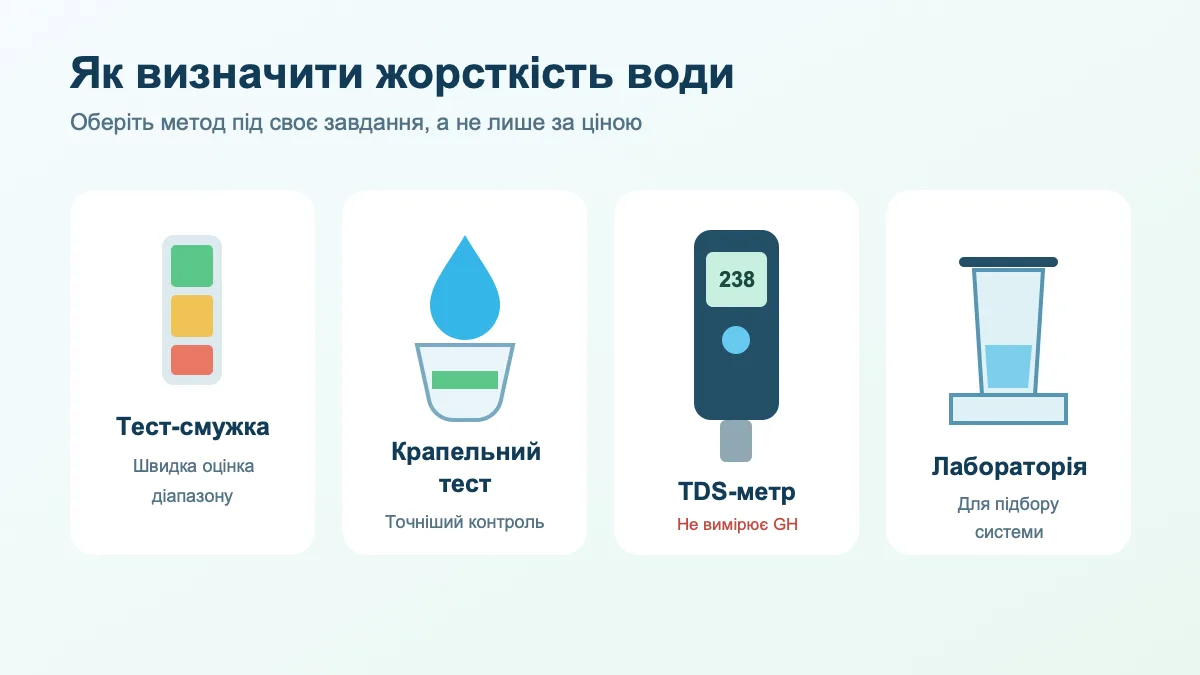 Як визначити жорсткість води вдома: смужка, крапельний тест і лабораторія