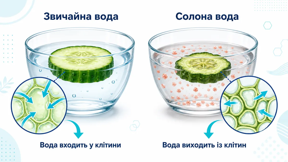 Осмос це рух води через мембрану: приклад з огірком у звичайній та солоній воді